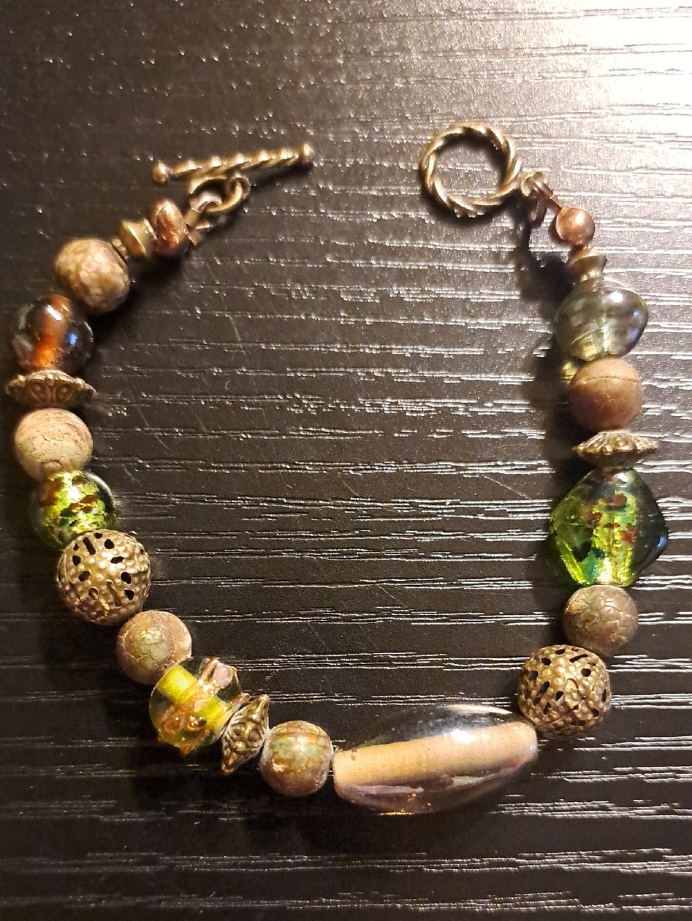 Boho Multimedia Bronze & Earthy Shades of Green Beaded Bracelet